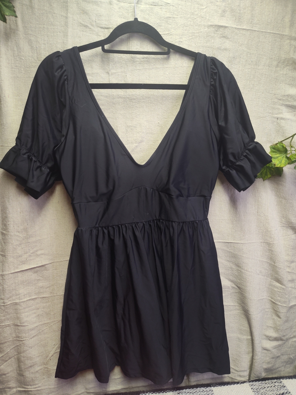 White Birch Black V-Neck Puff Sleeve One-Piece Swim Dress